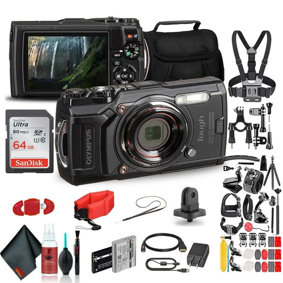 Olympus Tough TG-6 Waterproof Camera (Black) - Action Bundle - With 50 Piece Accessory Kit Extra Battery Float Strap Sandisk 64GB Ultra Memory Card Padded Case More