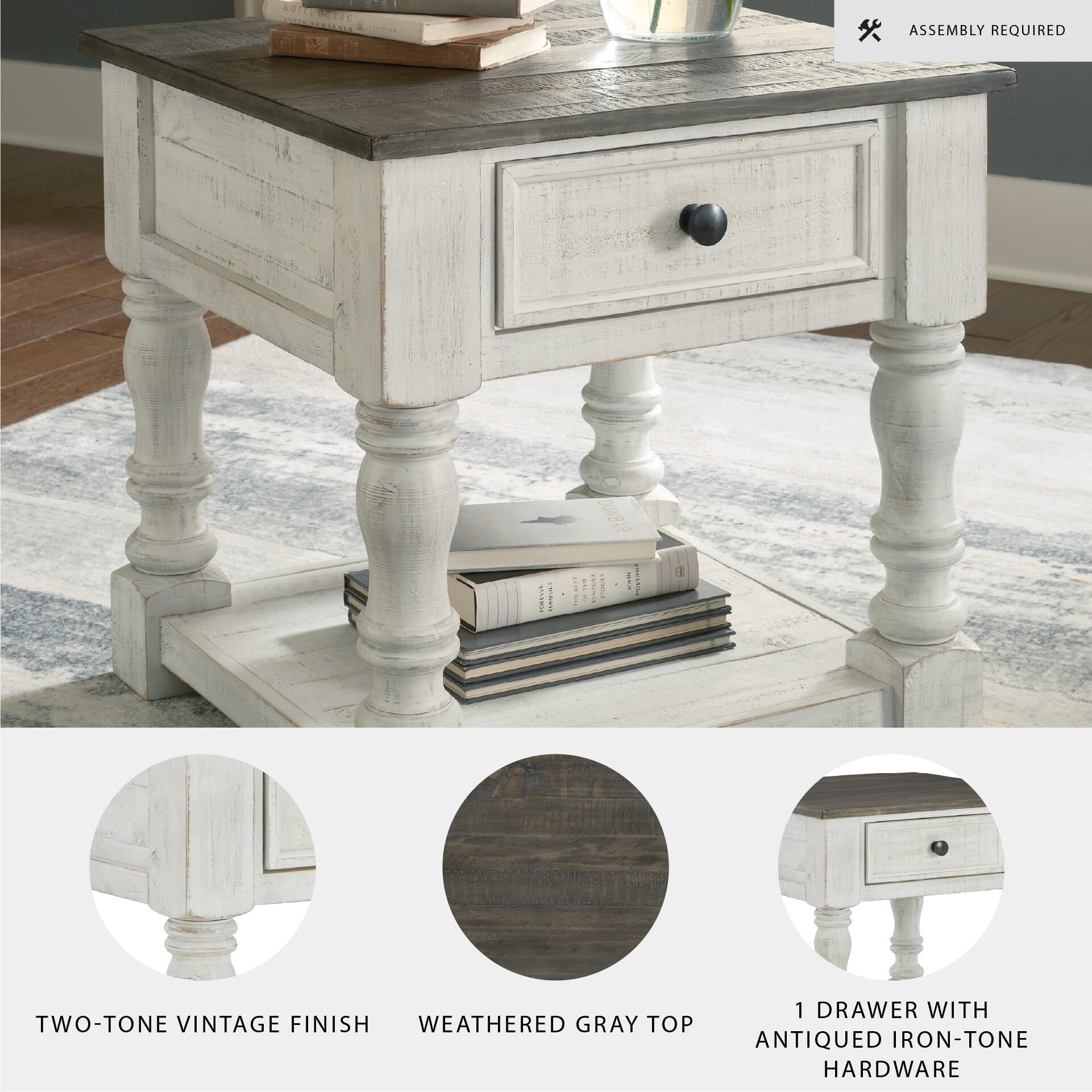 Signature Design by Ashley Havalance, White and Gray Distressed Two-Tone Farmhouse  End Table with 1 Drawer and Open Shelf