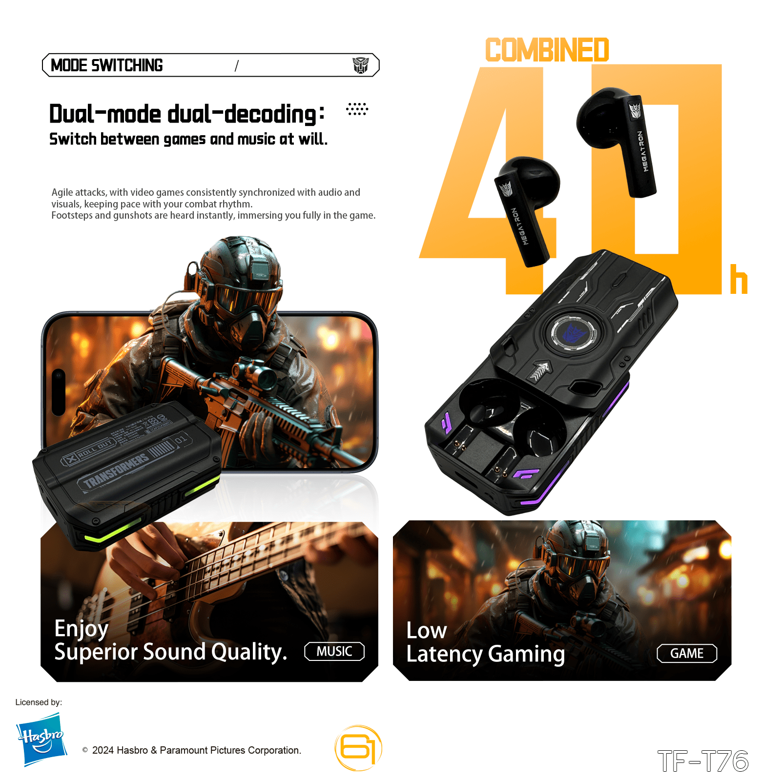 Transformers TF-T76 True Wireless Bluetooth 6.0 Earbuds with Mic, Mecha Zinc Alloy Armor Case, Low-Latency Game/Music Modes, Hi-Fi 13mm Drivers, HD Calling, 40H Total Playtime - Megatron Black