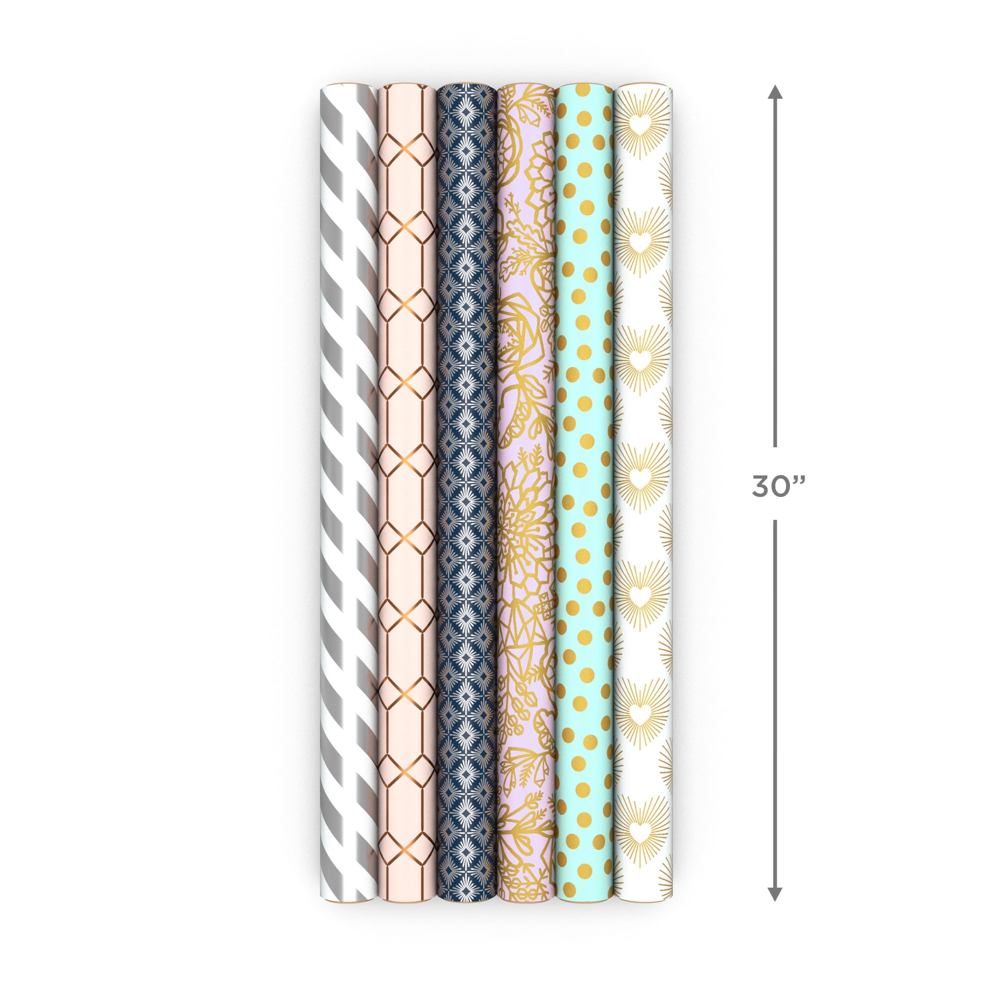 Hallmark 6-Pack Assorted Wrapping Paper Roll Bundle (White and Silver Stripes, Mint Green, Gold Hearts and Flowers) for Weddings, Bridal Showers, Birthdays, 180 Sq. Ft. Total