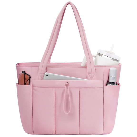 Puffer Tote Bag for Women, Shoulder Bag Handbag with Cup Holder & 15.6" Laptop Compartment & Trolley Sleeve for Travel, Work, Nurse, Lightweight, 20L