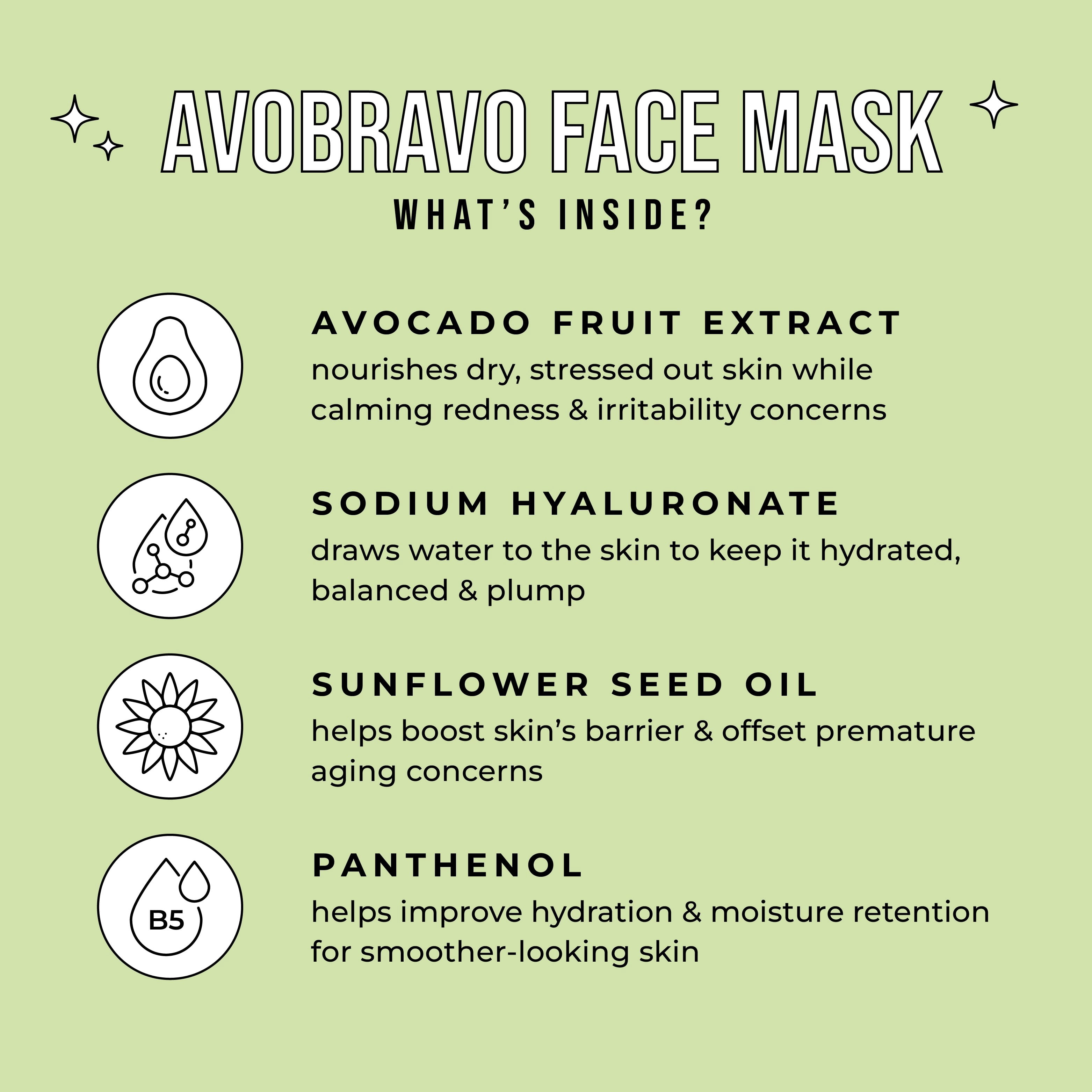 Avatara Juicy Avobravo Soothing Avocado Face Mask 5 PK for All Skin Types, 5 Sheet Masks