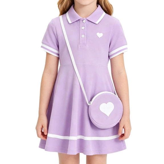 Lanbubble Toddler Girls Sporty Tennis Dress With Bag Short Sleeve Casual Polo Dress Purple Dress For Girls 3-7 Years
