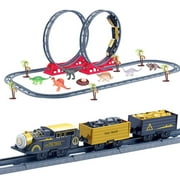 61 PCs Train Set with 46 Tracks, 1 Toy Train, 6 Dinosaur Toys, 6 Trees, 1 Dinosaur Egg and 1 Nest, Batteries Operated Toy Train Set with Light and Sound, Xmas Gifts for Boys & Girls F-360