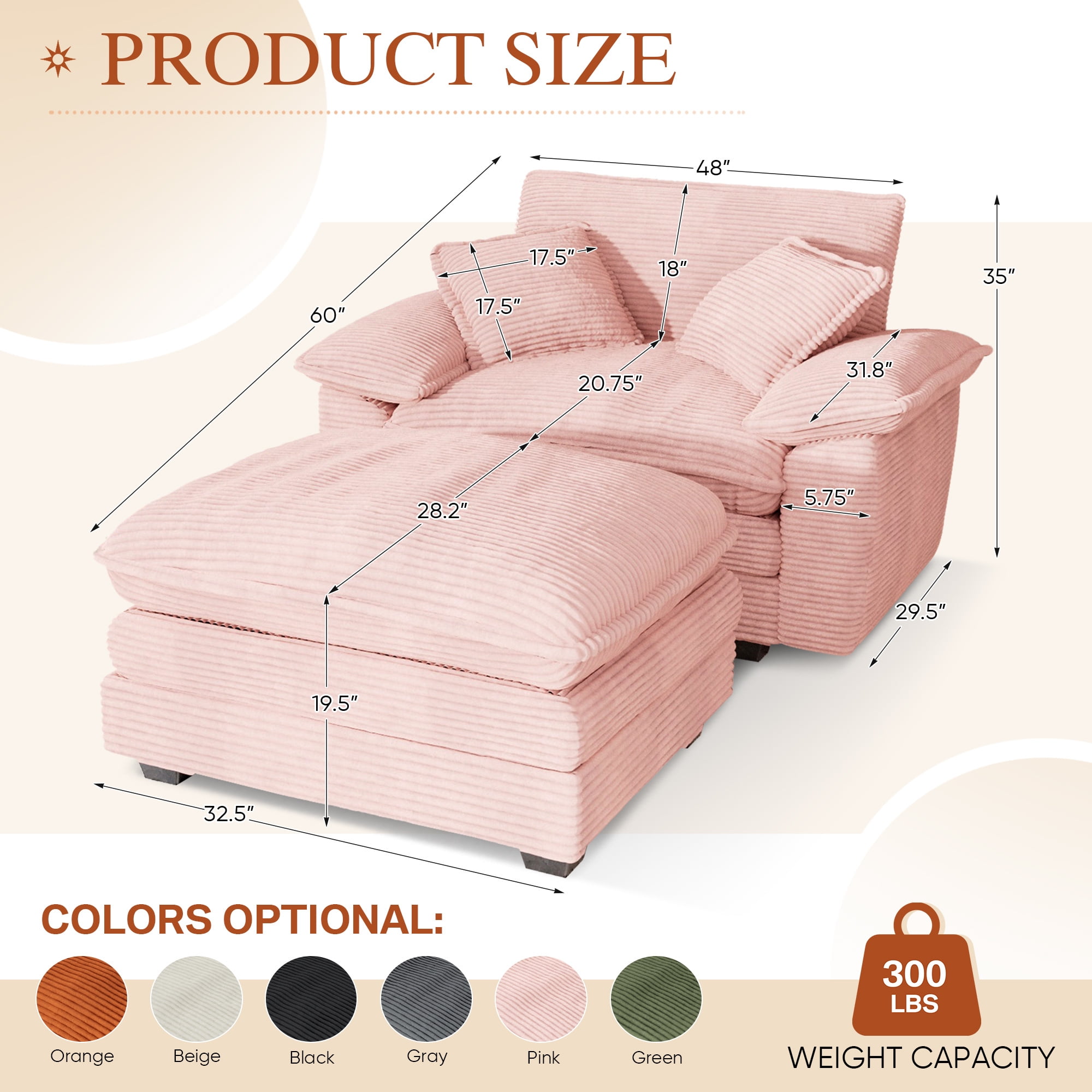 Muumblus Oversized Accent Chair with Ottoman, 48" Indoor Chaise Lounge Cloud Sofa Reading Armchair for Modern Living Room, Bedroom, Pink Corduroy