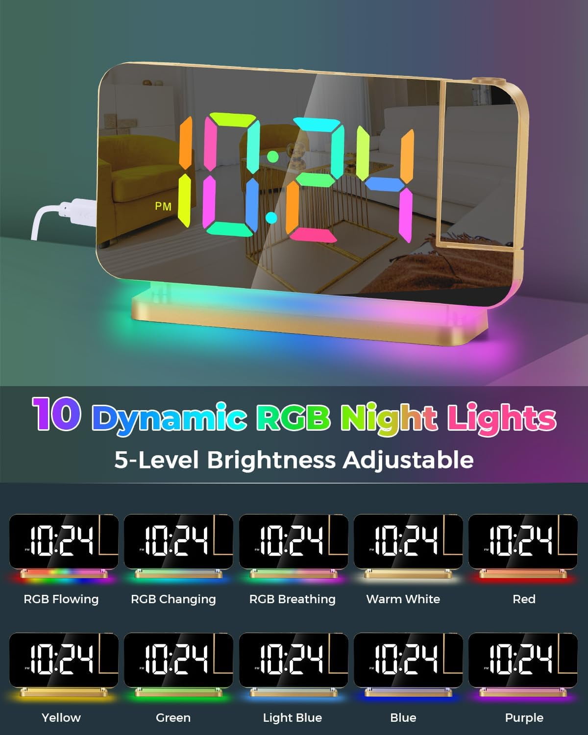 Wiher Projection Alarm Clock,7.4 in LED Mirror Digital Clocks Projection on Ceiling Wall,with RGB Night Light,USB C Charging Port,Auto Dimming,Modern Desk Clock for Bedroom Decor - Gold