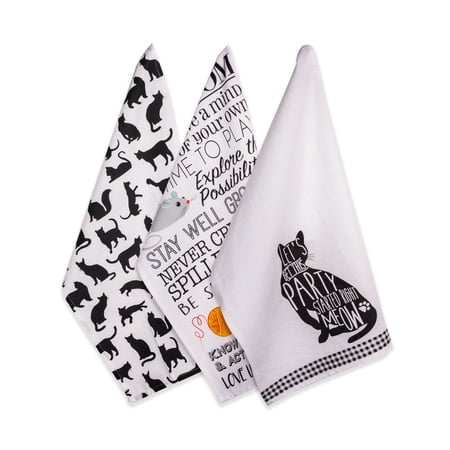 DII Assorted Cat Printed Dishtowel (Set of 3), 18x28", 100% Cotton