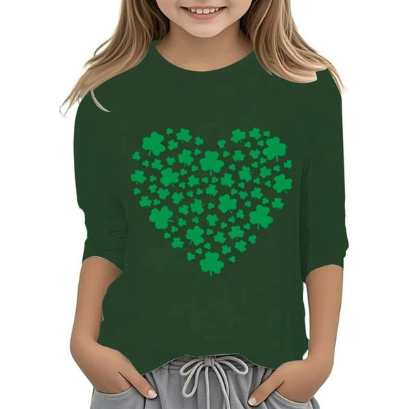 YUEHUA Shirt for Girls 9-10 Girls's Graphic St Patricks Day Fashionable Versatile Round Neck 3/4 Quarter Sleeve Casual T Shirt Top, 9-10 Years