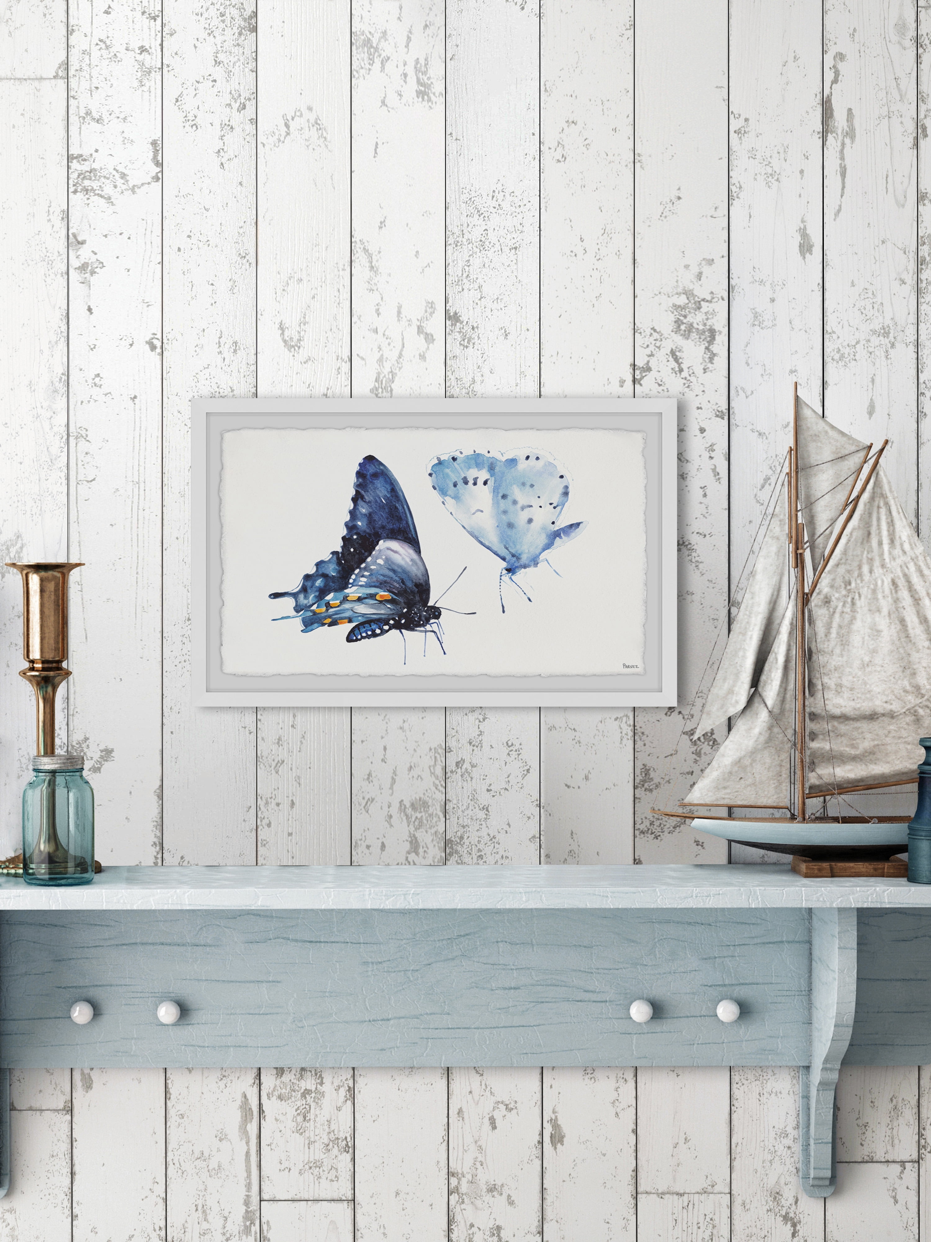 Parvez Taj "Magical Blue Butterflies" Framed Painting Print