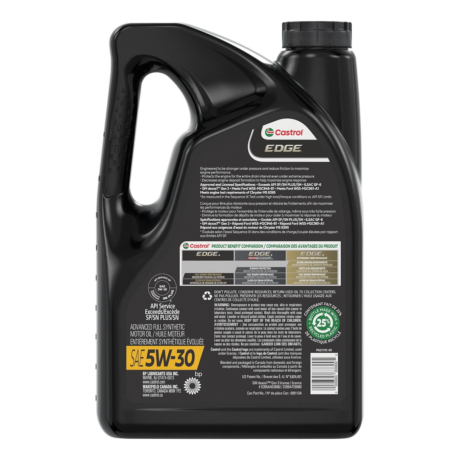 Huile Castrol EDGE 5W30 entièrement synthétique, 3 bidons de 5 L