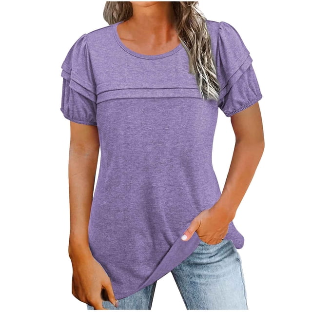 Timegard Hauts d'Été pour Femmes Col Rond Manches Courtes Couleur Unie Chandails Confortables Tuniques Décontractées pour Porter avec des Leggings
