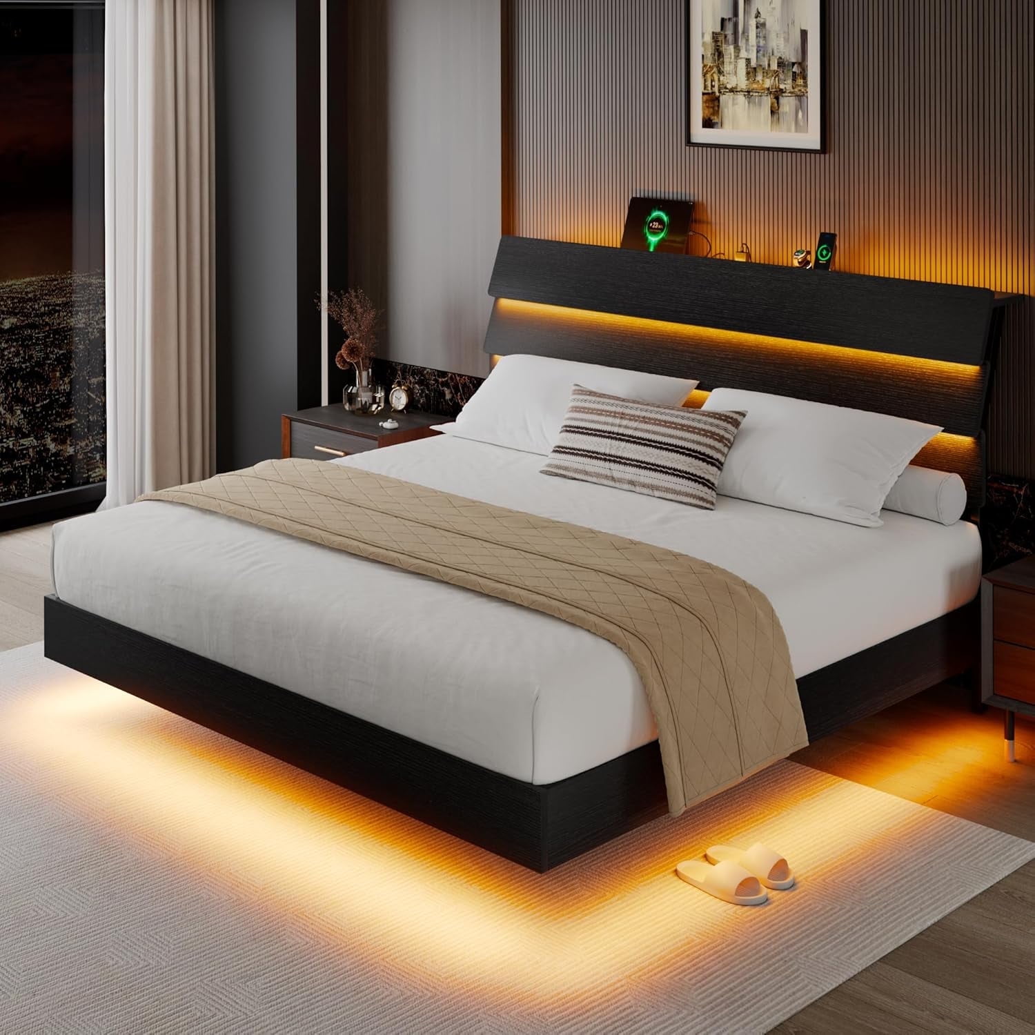Honfach Floating King Size Bed Frame with LED Lights & Charging Station, Platform Bed with Wooden Storage Headboard, Black.