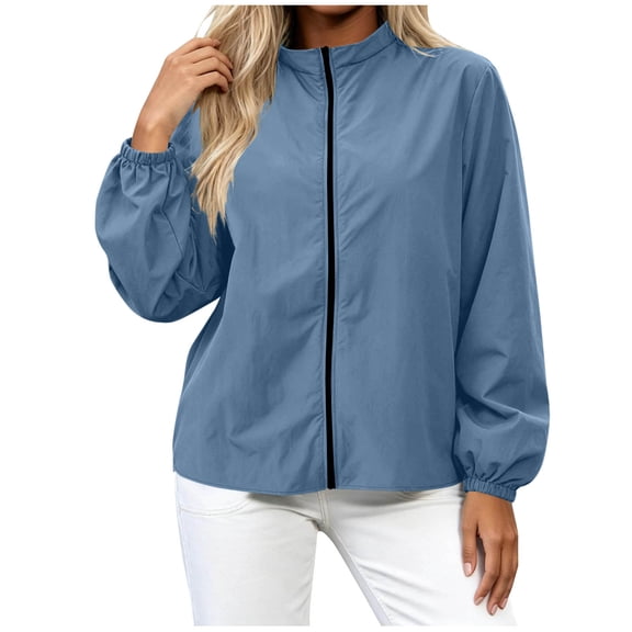 Zpanxa Windbreaker Jacket Women Stand Collar Zip Up Lightweight Hoodless Elastic Cuffs Sports Coat with Pockets Light Blue XL
