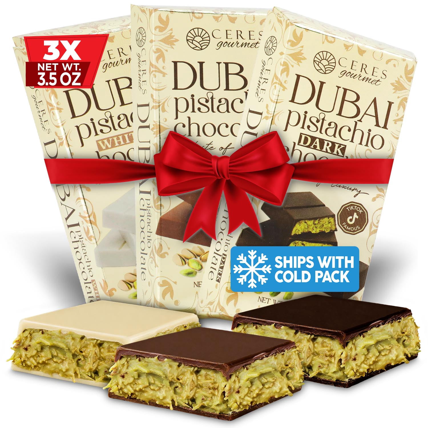 Dubai Chocolate Bar Variety Pack 3-Pack | Dark, Milk & White Pistachio Kunafa Chocolate Bars | Viral Knafeh Gift Set | 21oz (600g) | Shipped with Ice Packs