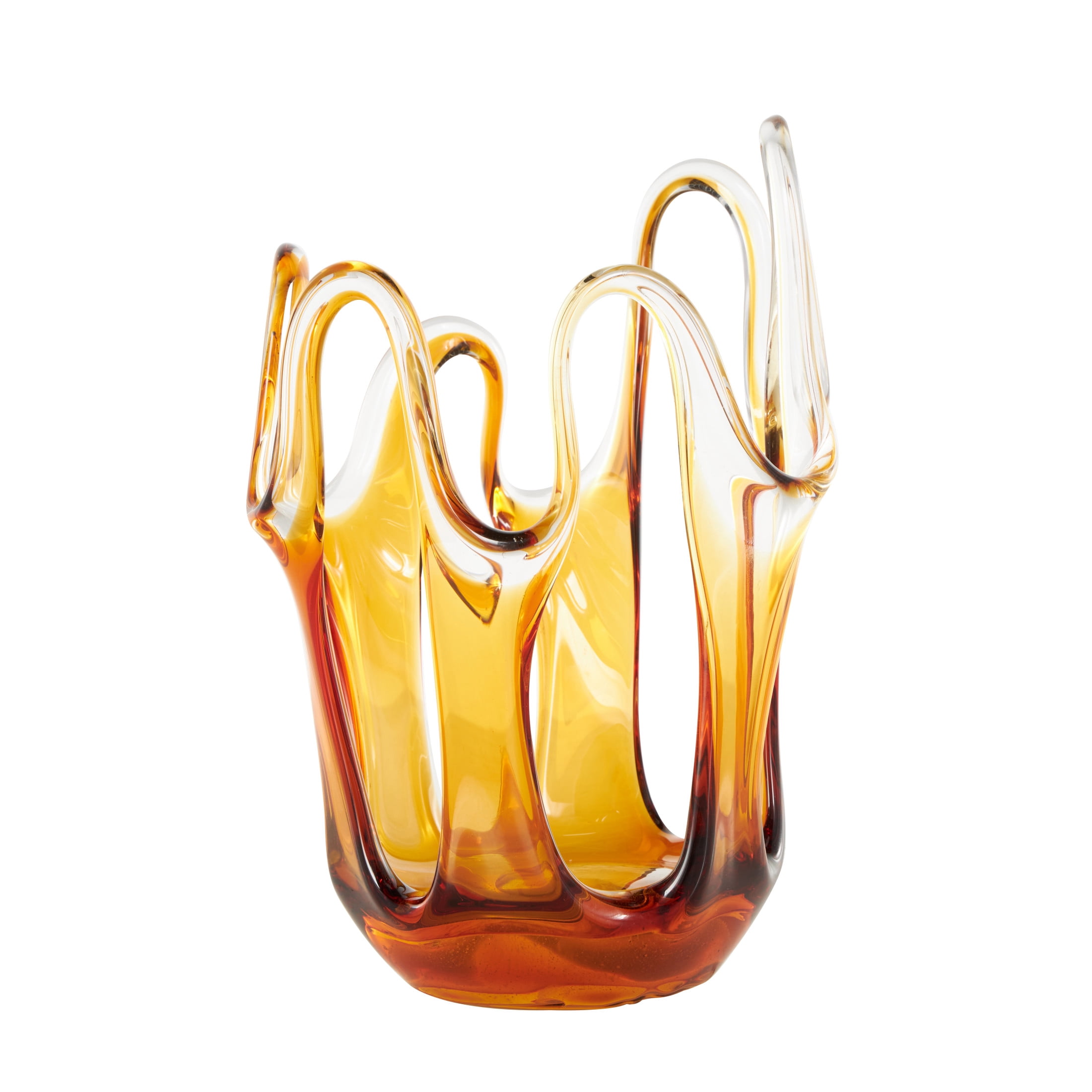 DecMode 10" Abstract Ombre Orange Glass Vase with Wavy Oval Cutouts
