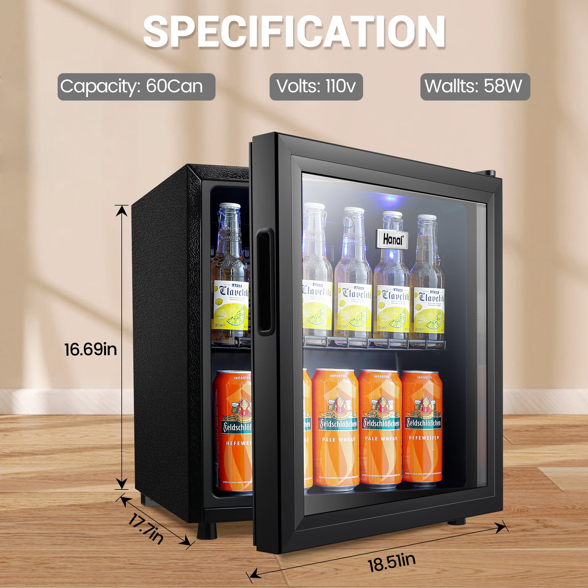 WANAI Beverages,with Temperature control,Mini Fridge,Refrigerator,Glass Door 50 Can Mini Cooler with Wine Rack,Stainless Steel Look