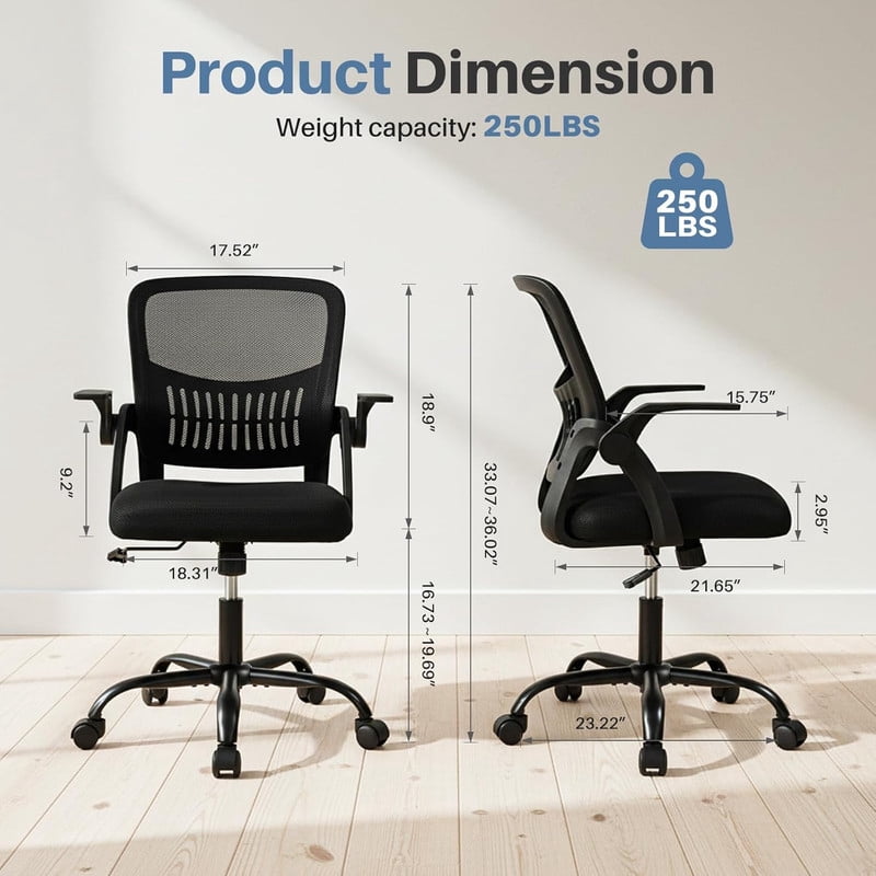 Simenmax Ergonomic Office Chair, Home Desk Computer Mesh Chair with Flip-Up Arms, Breathable Mid Back Chair for Small Spaces, Black