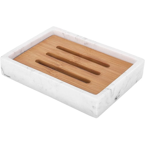Luxspire Bamboo Soap Dish, Resin Soap Holder with Drainage, Wooden Soap Dish for Shower, Bathroom, Sink, Kitchen and Countertop, Gravel White