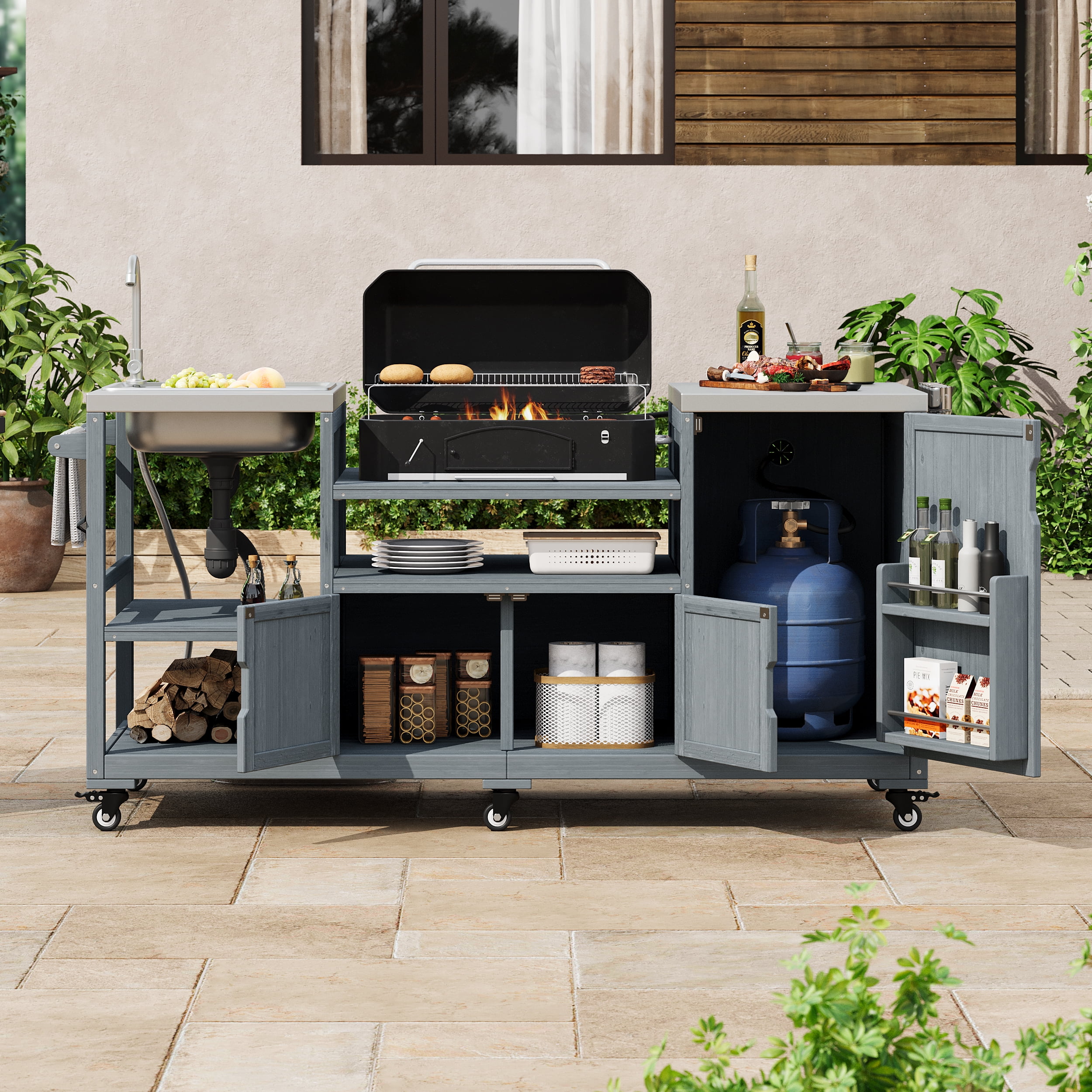 Euroco 75.4" Outdoor Kitchen Island with Sink, Solid Wood Outdoor Grill Cart for Big Green Egg Grills, Rolling Outdoor Bar Cart with Stainless Steel Top, for Pizza Prep & BBQ