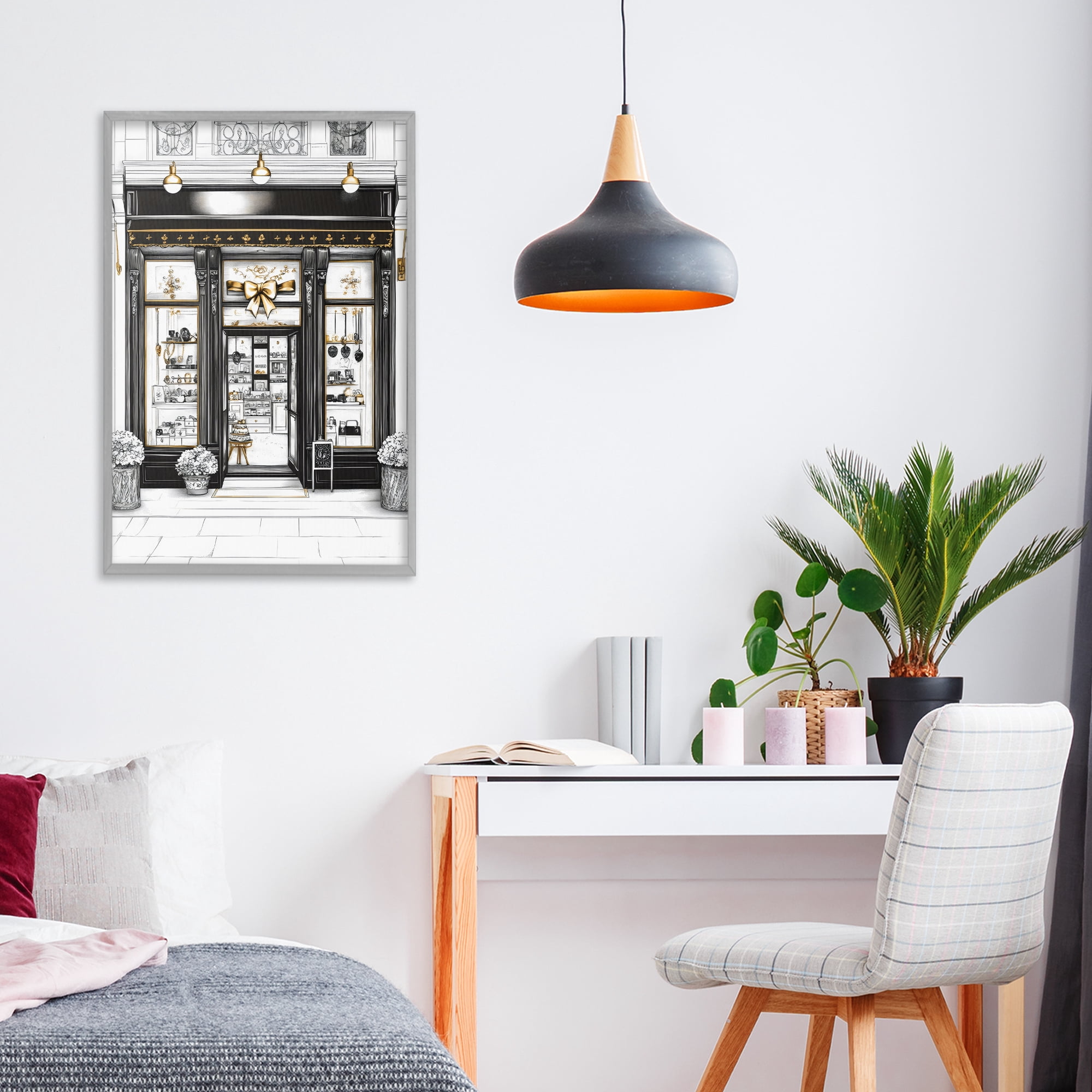 Stupell Industries Glam Paris Shop Facade Gray Framed Giclee Art, design by Petal Prints Design