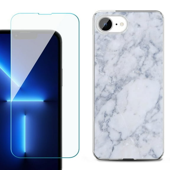 For For iPhone 16e Phone Case Cover, Shockproof Case with Tempered Glass Screen Protector, by OneToughShield - Marble / Clouds