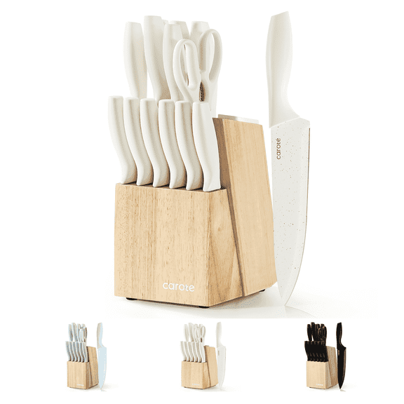 CAROTE 15-Piece Premium Kitchen Knife Set, White Ceramic-Coated Blades with Stylish Wooden Block