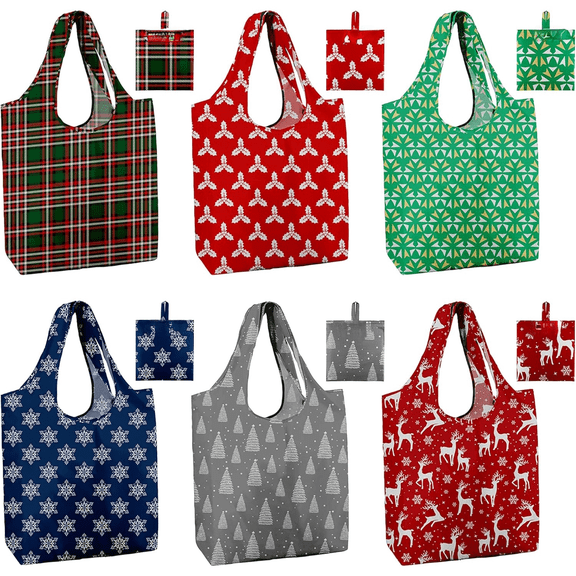 Christmas Reusable Gift Bags,6 Pack Large Holiday Tote Foldable Cloth Bag for Women, Cute Grocery Storage for Xmas Gifts Market Shopping, Washable Collapsible Reusable Bags with Handles​
