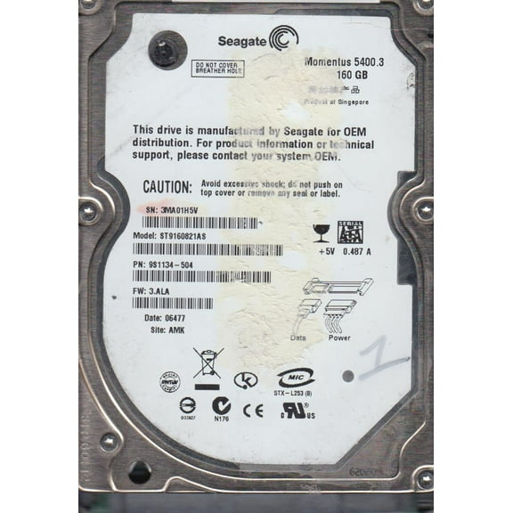 ST9160821AS, 3MA, AMK, PN 9S1134-504, FW 3.ALA, Seagate 160GB SATA 2.5 Hard Drive