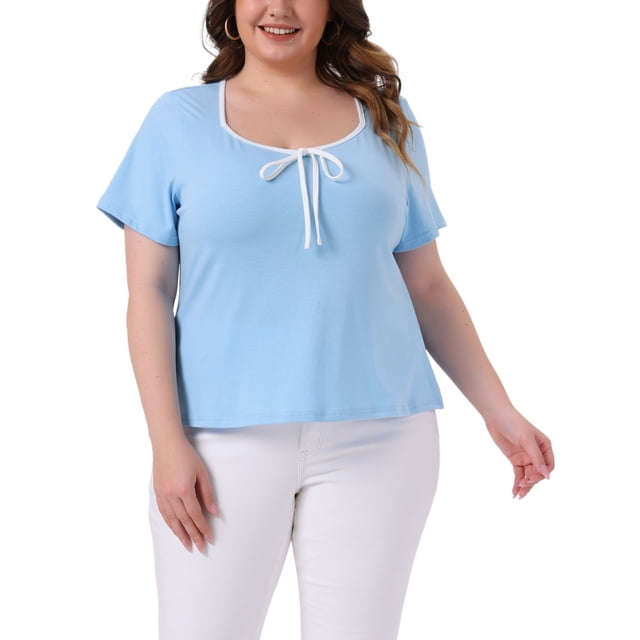 Agnes Orinda Blusas de Talla Grande para Mujeres con Cuello Cuadrado, Mangas Cortas, con Detalle de Contraste y Nudo, T-Shirts Casuales 2X Azul Cielo