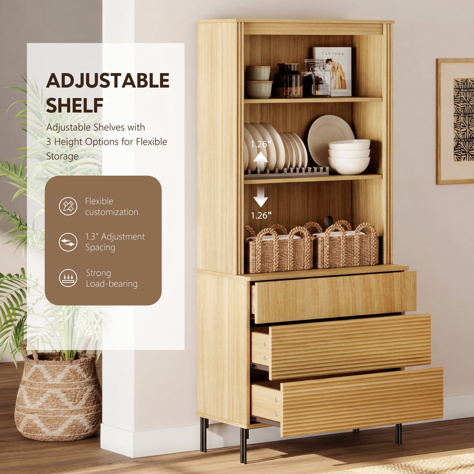 63"W Fluted Kitchen Hutch Sideboard with Adjustable Shelves, Wooden Modern Buffet Hutch Cabinet with 6 Drawers And 6 Tier Shelves