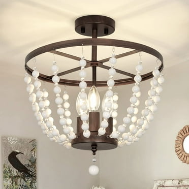 Depuley 3 Light Boho Chandlier Beaded Pendant Light Bohemian Chandelier Rustic Semi Flush Mount Ceiling Light for Kitchen Living Room Bedroom Dining, E26 Socket
