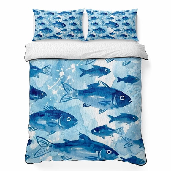 Quilts Twin Size Bedding Set, Blue Fish Lightweight Quilted Comforter, Summer Ocean Waves Vintage Gradient Coastal Soft Reversible Bedspread Coverlet with Pillow Covers for All Season, 68" x 86"