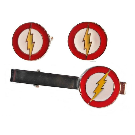 DC's The Flash Logo Silvertone/Enamel Cufflinks & Tie Clip Set