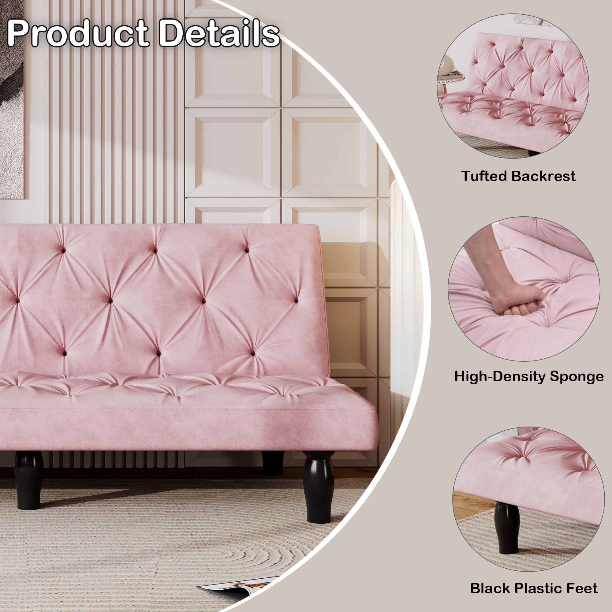 Jopath 66" 2-Seater Sofa Couches with Transforms Seamlessly, Velvet Sofa Bed for Apartments Living Room Bedroom Pink