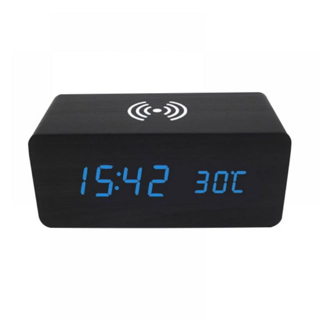 Wood LED Digital Alarm Clock With Phone Wireless Charging Pad Snooze Function Sound Control Alarm Clock