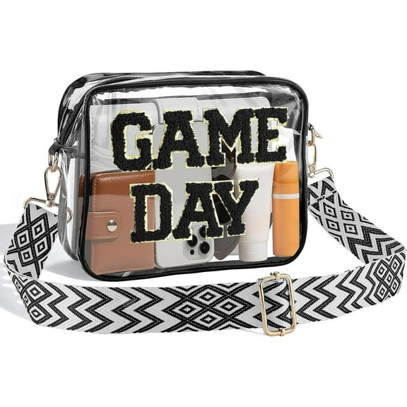 Clear Bag for Stadium Events - GAME DAY Pattern 9" x 7" x 2.5" PVC Clear Crossbody Bags with Adjustable Strap for Women Men