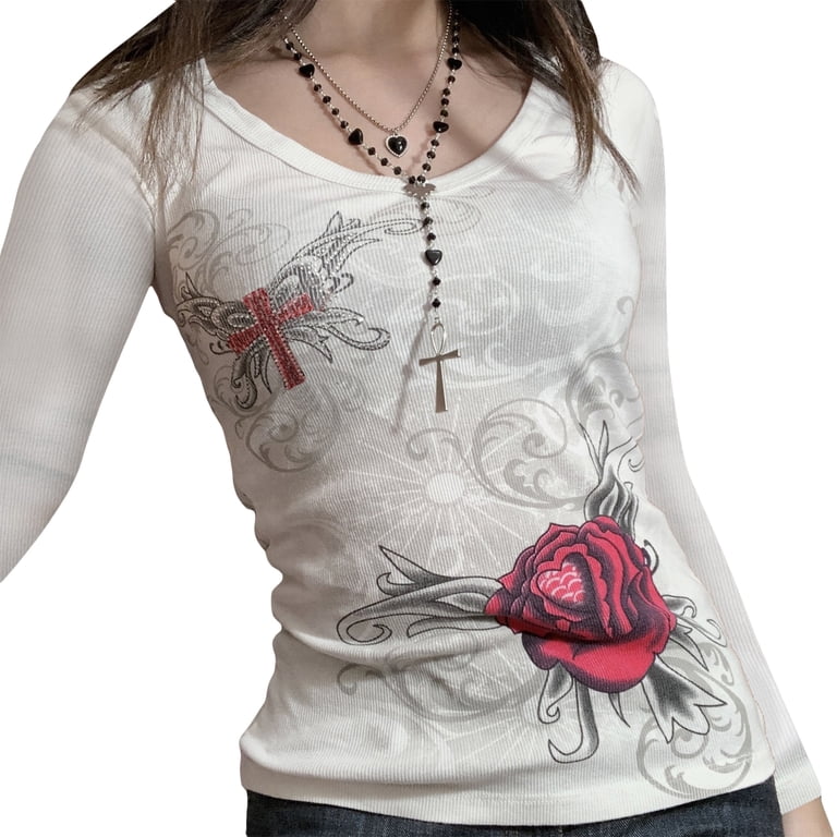 Women Vintage Rose Print Top Long Sleeve Y2k T-shirt Slim Fit 