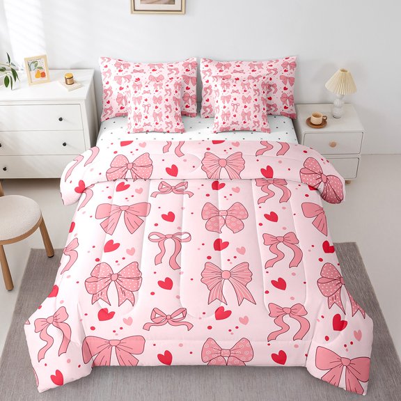 Manfei Cartoon Bowtie Loves Twin Bedding Sets 7-Piece,Bow Bowknot Bedding Comforter Set,Pink Red Sheet Sets For Girl,Microfiber Room Decor,Reversible