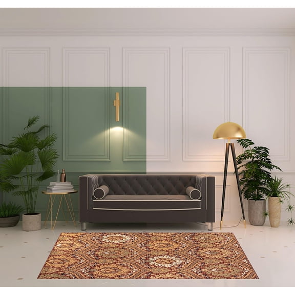 5' X 8' Red Olive And Gold Floral Stain Resistant Area Rug