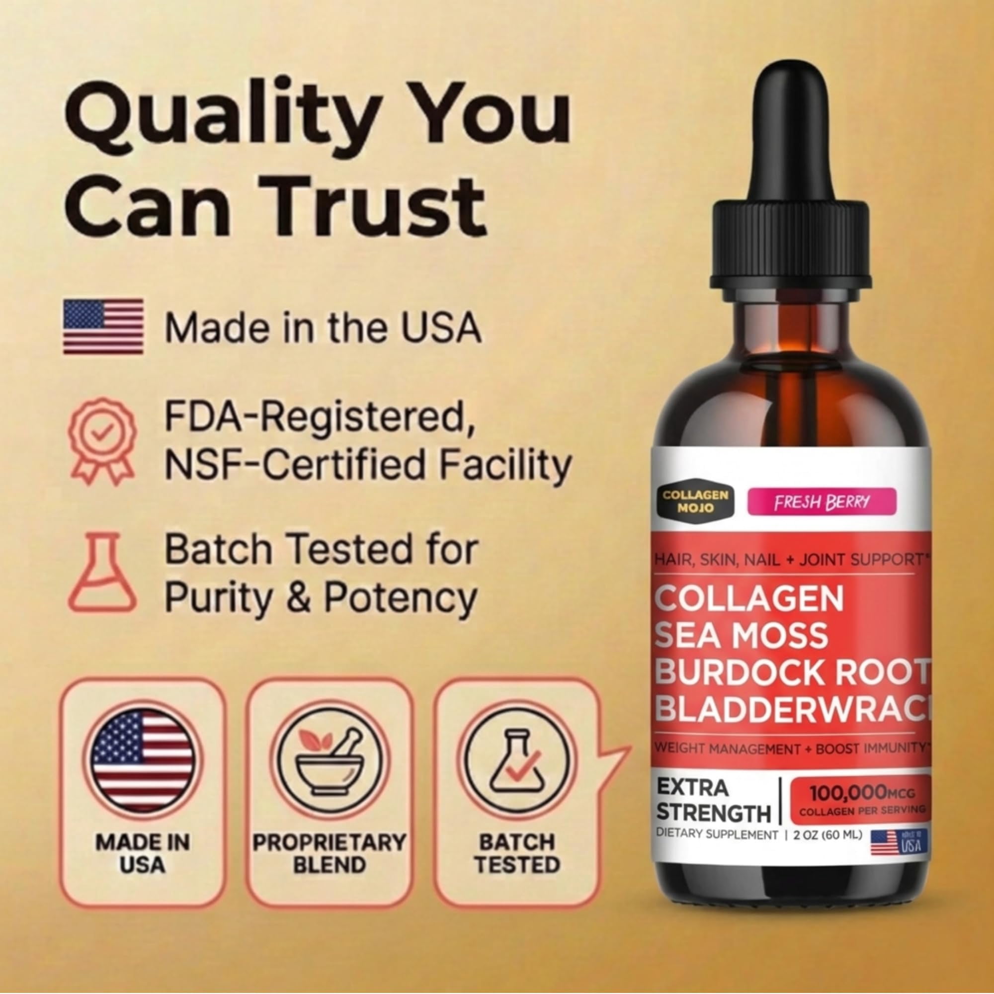 Liquid Collagen Peptides with Sea Moss, Burdock Root & Bladderwrack - High Potency/Absorption Formula. Hair, Skin, Nail + Joint Support. Weight Management & Immunity Booster – Collagen Mojo - 2 oz.