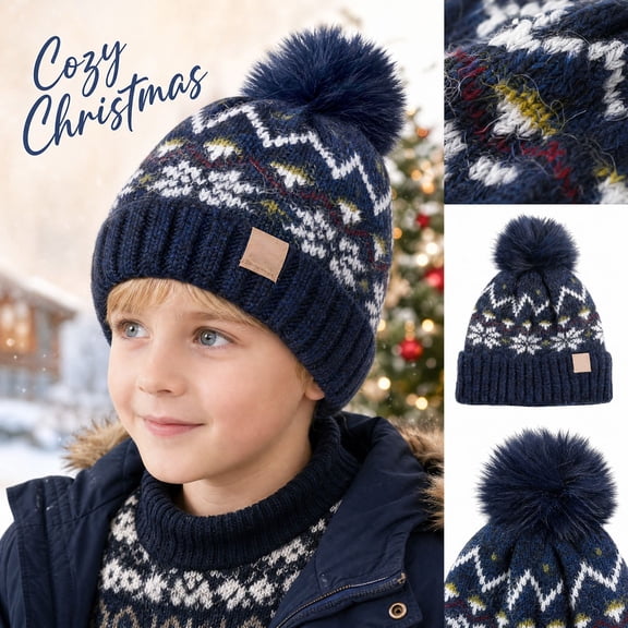 Trgacdwlo Girls Boys Christmas Knit Pom‑pom Beanie Hat Snowflake Pattern Warm Cuffed Winter Skull Hat Cute Soft Knitted Cap for Teens Party Gift Daily Outdoor Wear