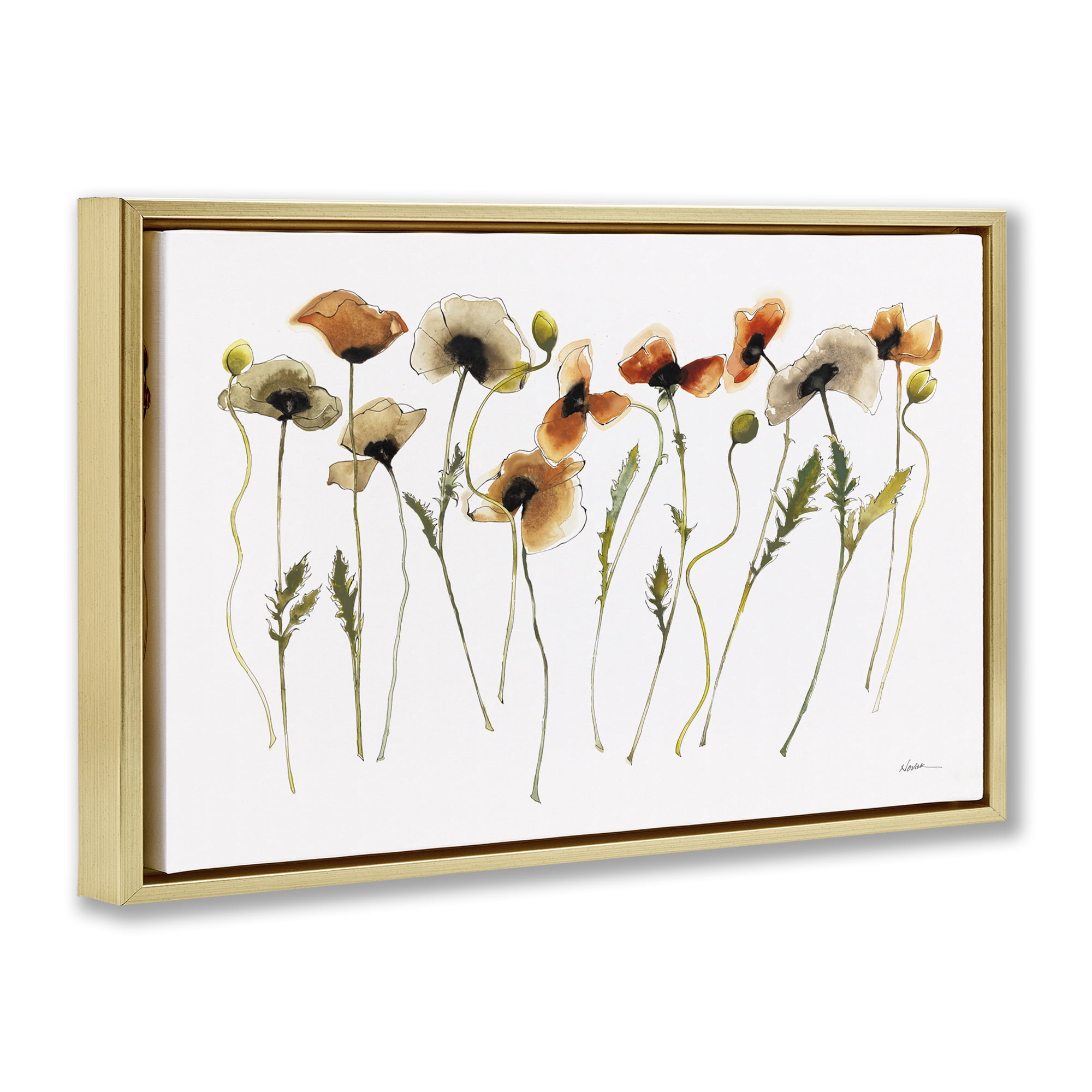 Stupell Industries Autumn Poppy Sprigs Botanical & Floral Painting Gold Floater Framed Art Print Wall Art, 25 x 17