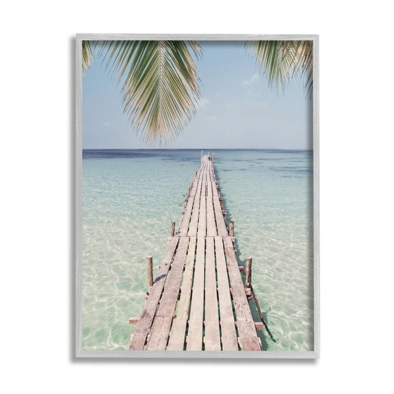 Stupell Industries Tropical Dock on Beach Nature Photography Gray Framed Art Print Wall Art, 16 x 20