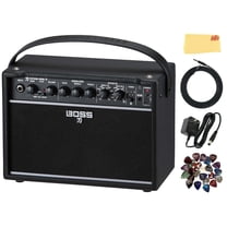 Boss Katana-Mini X 10-Watt 1x5-Inch Portable Guitar Amplifier Bundle with Gearlux Power Supply, Instrument Cable, Austin Bazaar Exclusive 24-Pack Picks, and Polishing Cloth