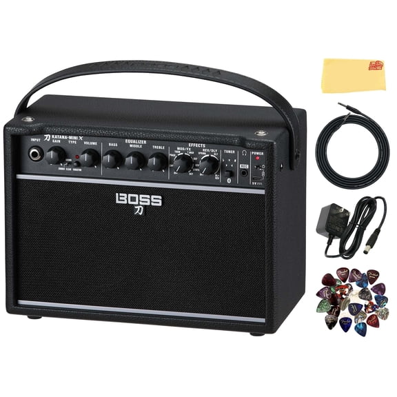 Boss Katana-Mini X 10-Watt 1x5-Inch Portable Guitar Amplifier Bundle with Gearlux Power Supply, Instrument Cable, Austin Bazaar Exclusive 24-Pack Picks, and Polishing Cloth