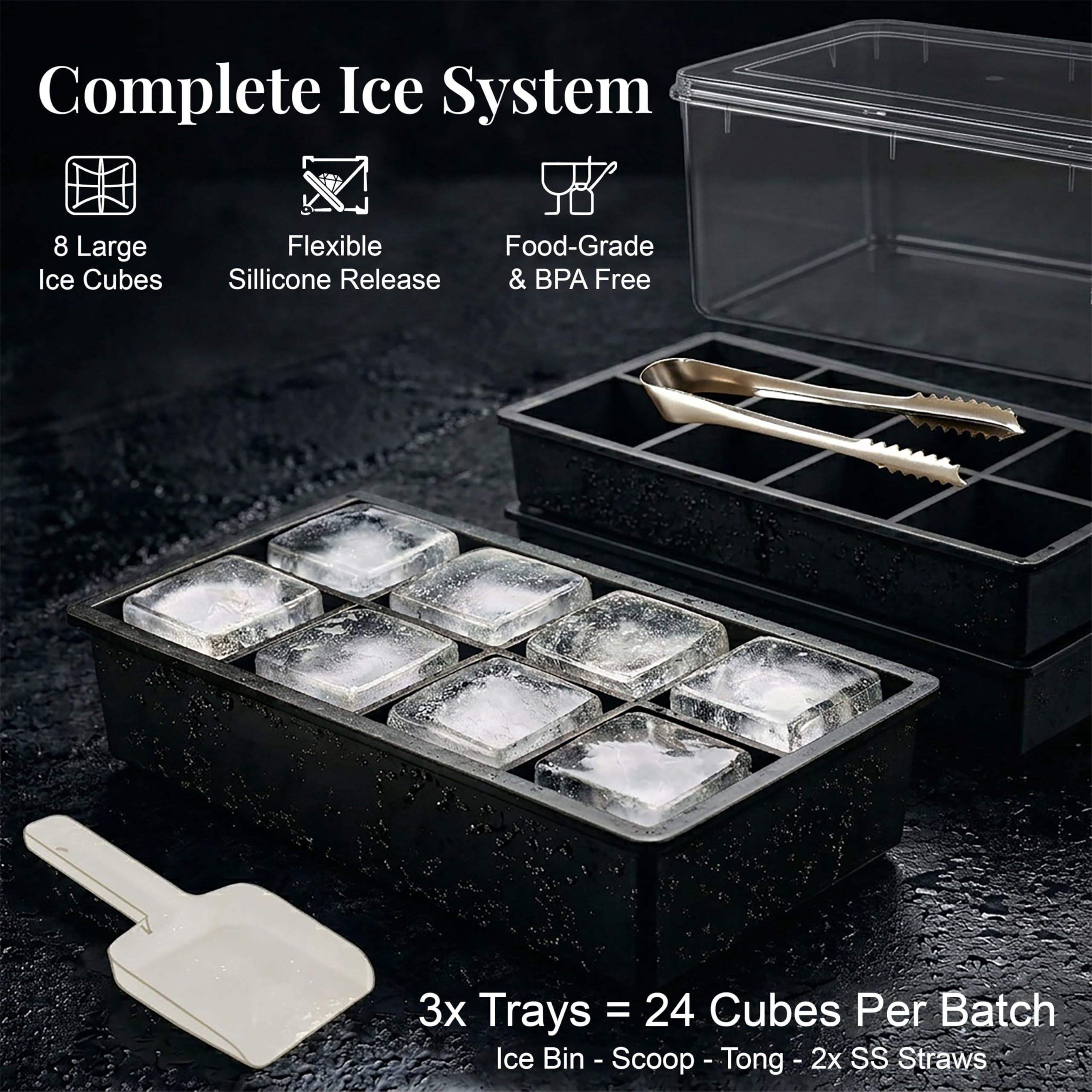 Large Silicone Ice Cube Tray - 3 Pack Trays For 8 Square Cubes With Bin  Scoop Tong & 2 Ss Straws Easy Release Mold Coffee (black)