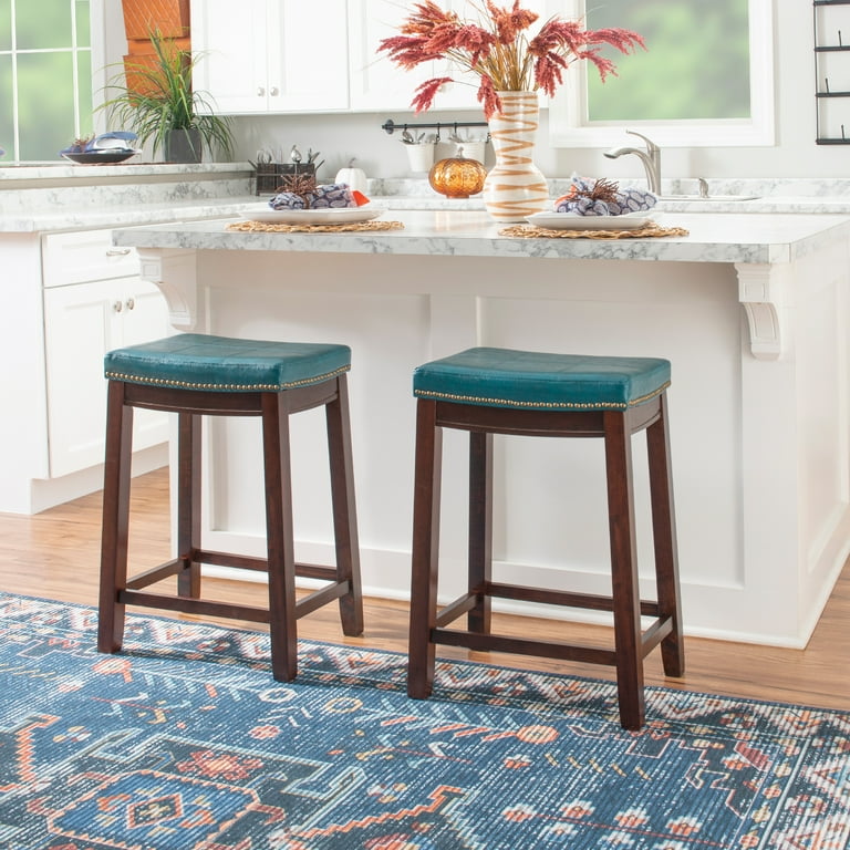 Linon Cessford 26 Backless Indoor Counter Stool Dark Brown with Blue Faux Leather Includes 1 Stool Walmart