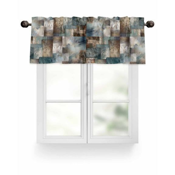 Teal Brown Abstract Blocks Kitchen Valances for Windows Modern Geometric Squares Valance Curtains for Kitchen /Living Room/Bedroom/ Bathroom Decor, 42"x12 " ,Rod Pocket 1 Panel,
