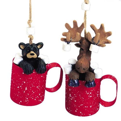 Moose and Black Bear in Mug Christmas Ornaments, 4"