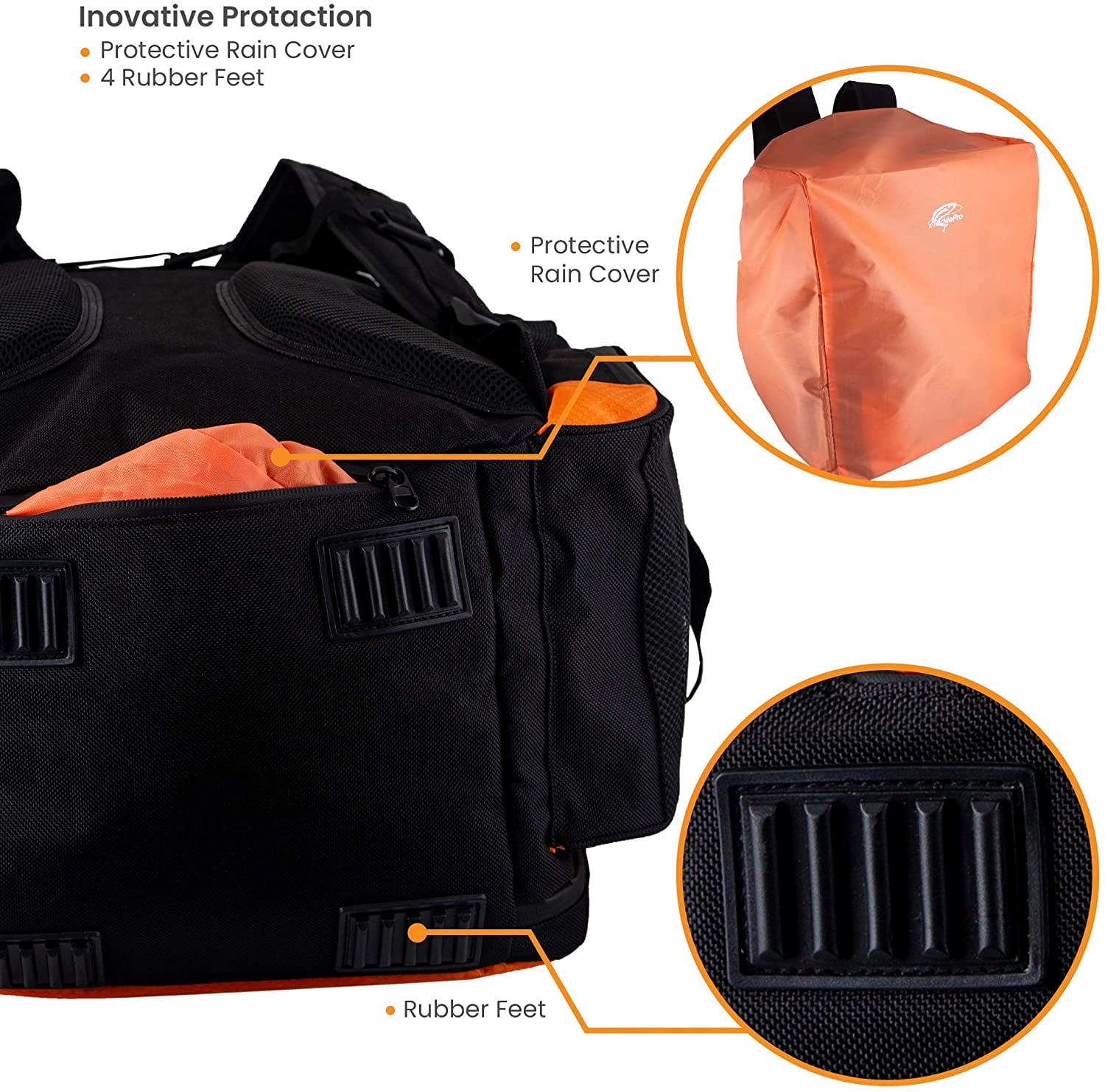 Fishing Backpack Waterproof Tackle Bag with Protective Rain Cover Includes 4 Tackle Boxes Stainless Steel Fishing Pliers and Lanyard - Black Orange